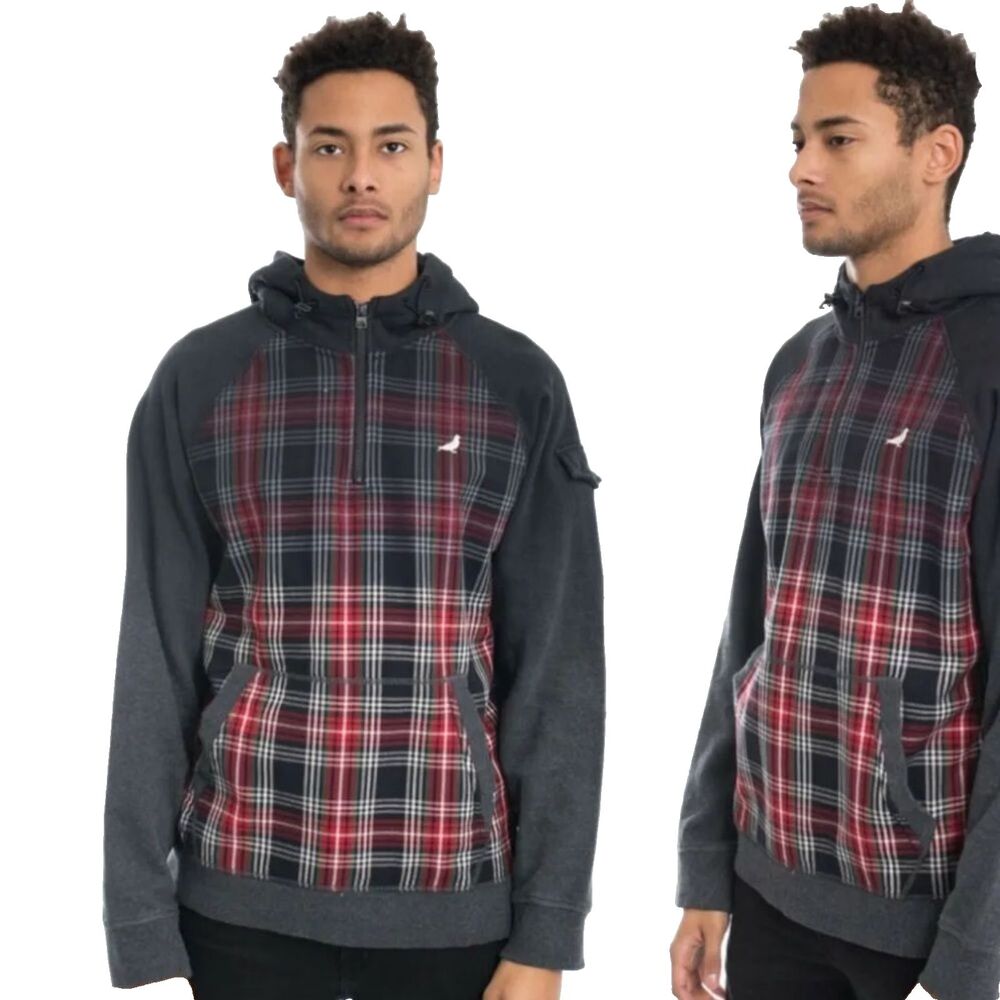 Staple Pigeon Brand Plaid sweatshirt 1/4 zip Hoodie kangaroo pocket Sz Med